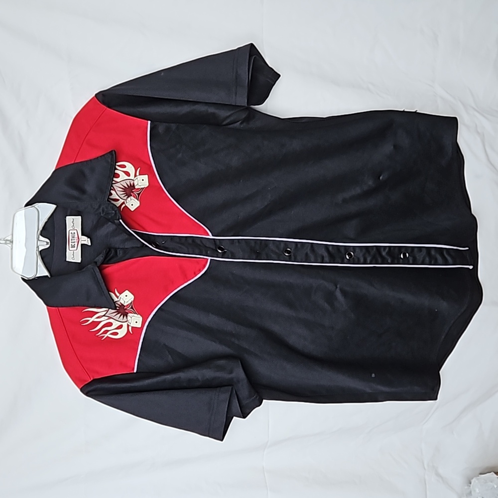 Vintage BC Ethic flaming dice bowling shirt L